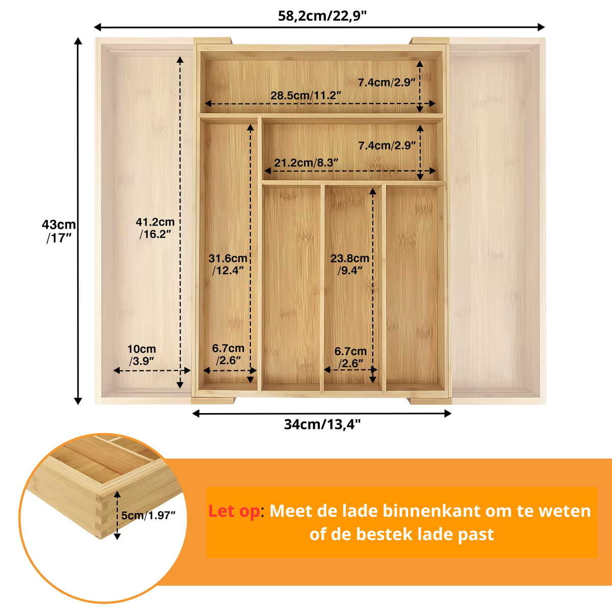 Uitschuifbare Bestekorganizer Bamboe – Past in Elke Lade (32-52cm)